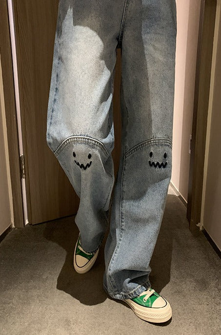 High Waisted Embroidered Smiley Knee Jeans