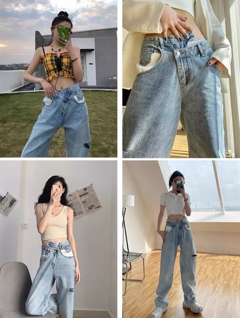 Asymmetrical High Waisted Straight Jeans