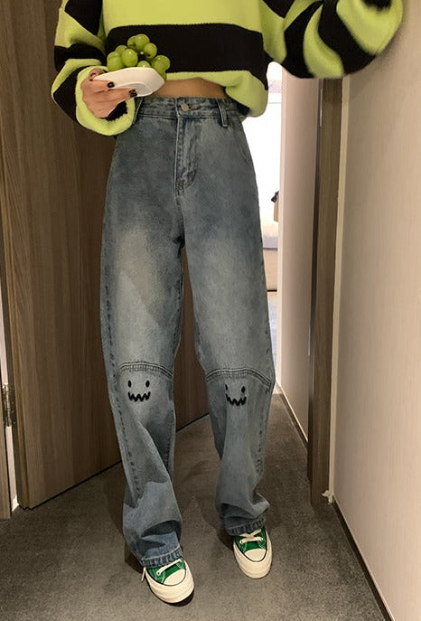 High Waisted Embroidered Smiley Knee Jeans