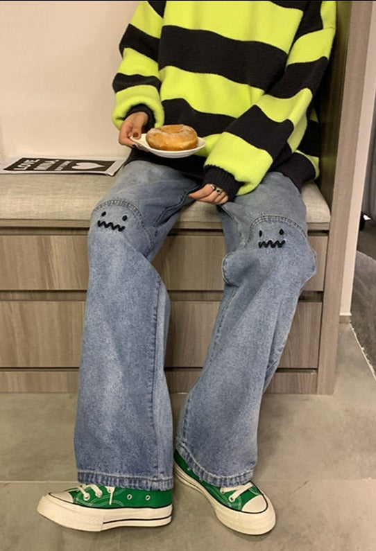 High Waisted Embroidered Smiley Knee Jeans