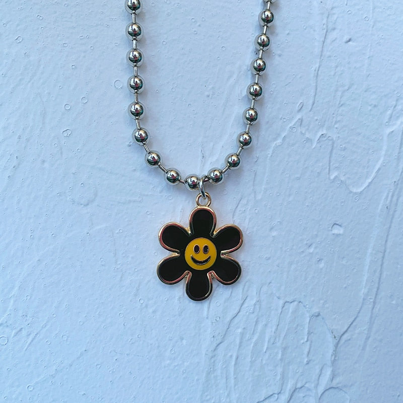 Black Flower Smiley Necklace