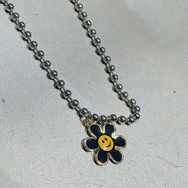 Black Flower Smiley Necklace