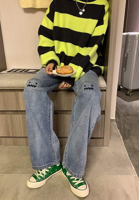 High Waisted Embroidered Smiley Knee Jeans