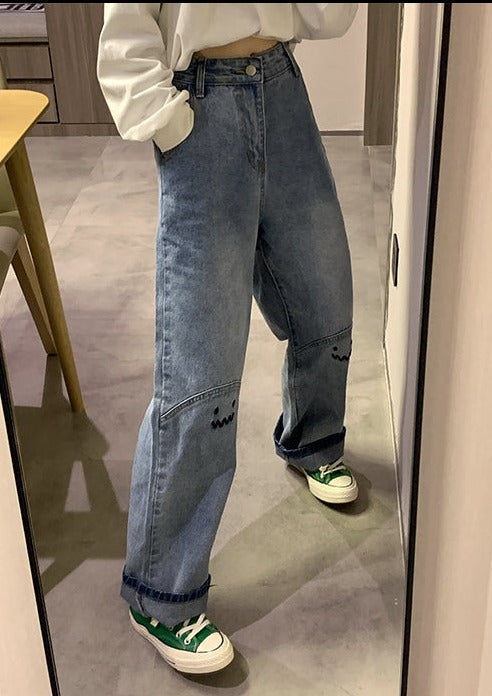 High Waisted Embroidered Smiley Knee Jeans