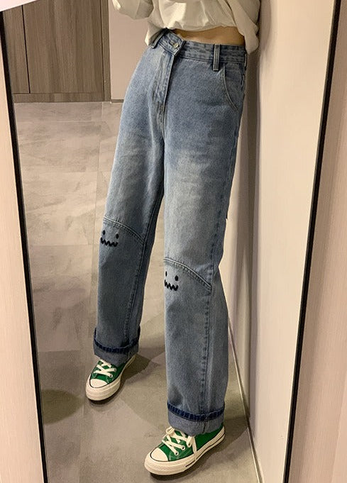 High Waisted Embroidered Smiley Knee Jeans