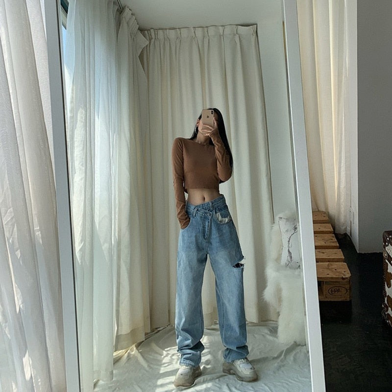 Asymmetrical High Waisted Straight Jeans