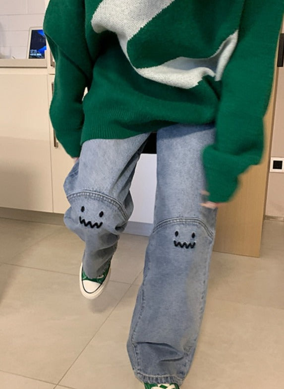 High Waisted Embroidered Smiley Knee Jeans