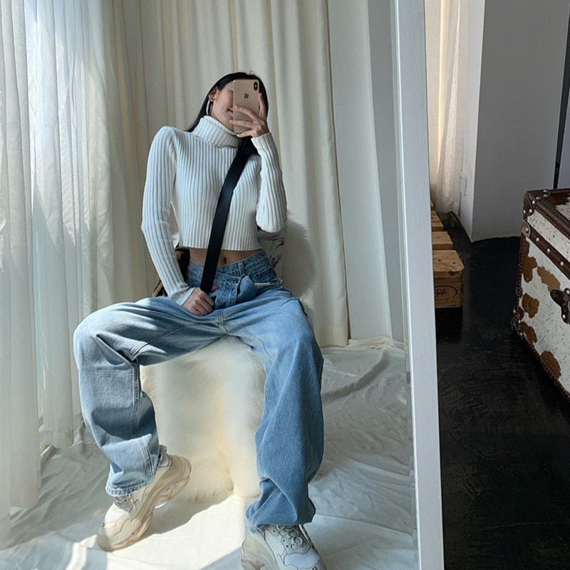 Asymmetrical High Waisted Straight Jeans