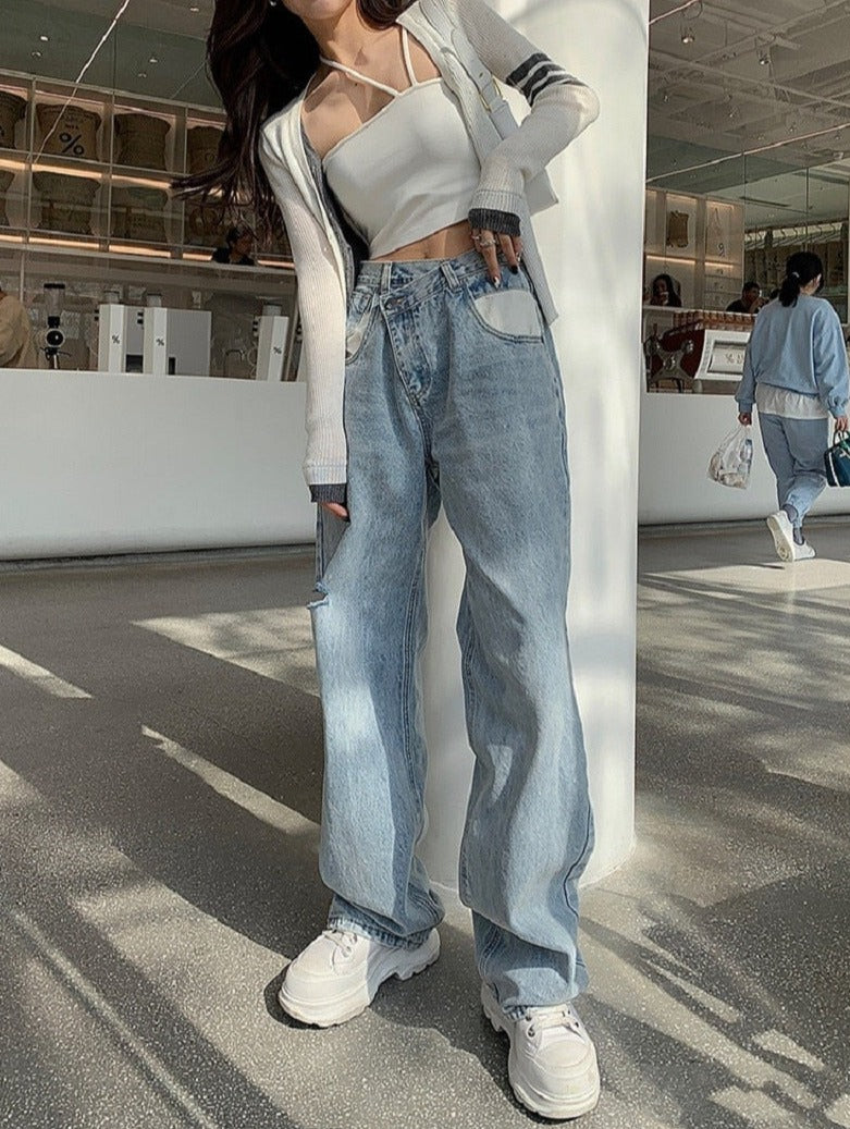 Asymmetrical High Waisted Straight Jeans