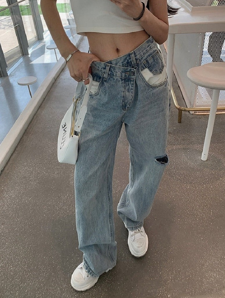 Asymmetrical High Waisted Straight Jeans