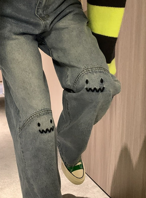 High Waisted Embroidered Smiley Knee Jeans
