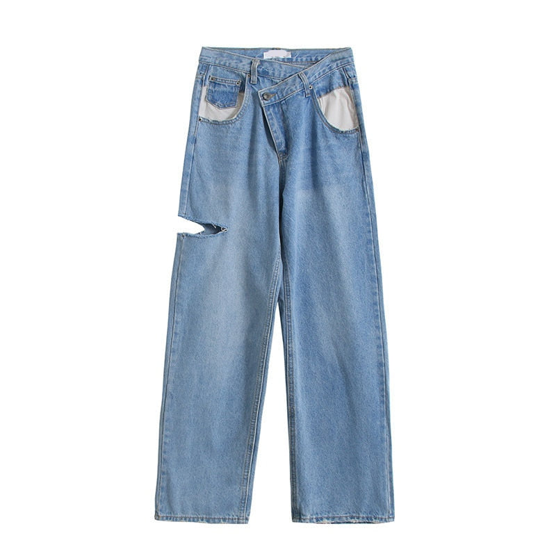 Asymmetrical High Waisted Straight Jeans