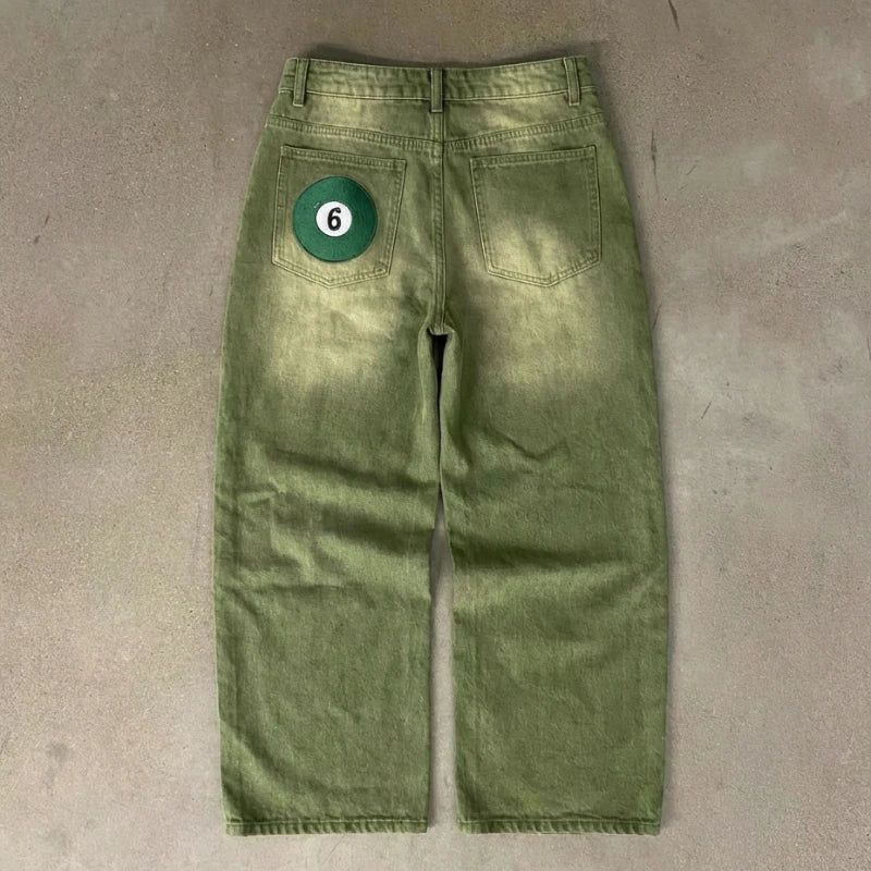 Matcha Dyed 6 Ball Embroidered Baggy Jeans