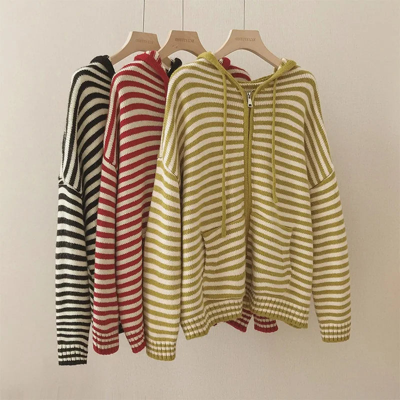 Oversized Knitted Striped Hooded Cardigan