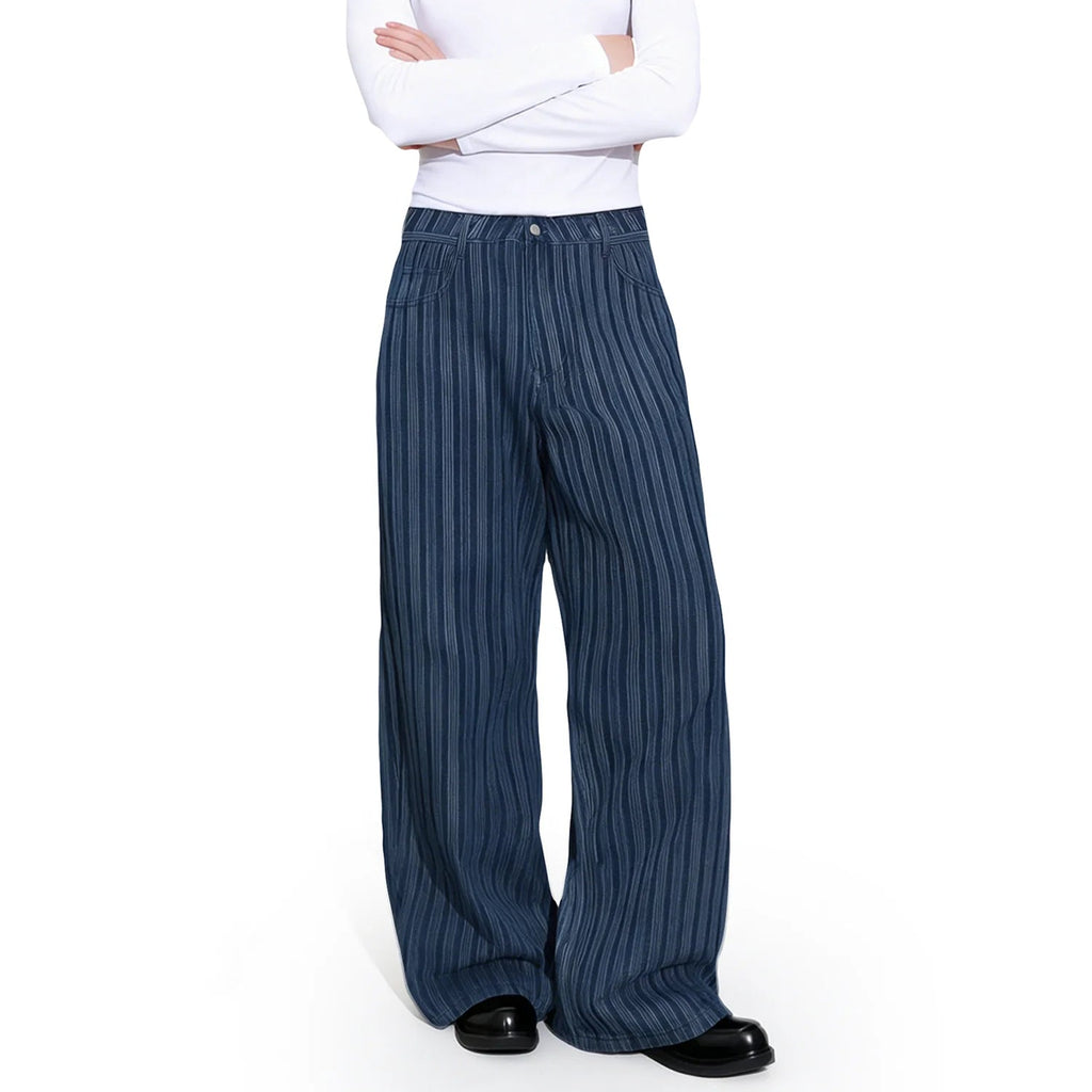 Japanese Style Wavy Stripe Jacquard Fabric Baggy Wide-leg Jeans