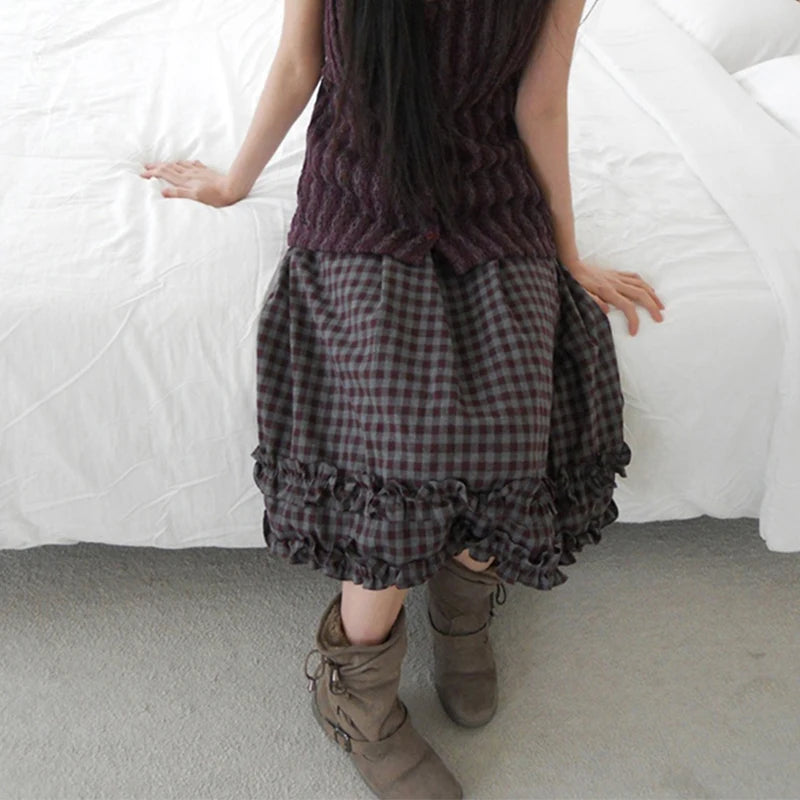 Japanese Plaid Midi Ruffle Skirt
