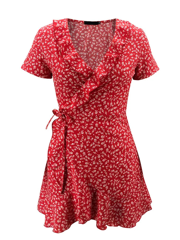 Floral Ruffles V-neck Mini Dress
