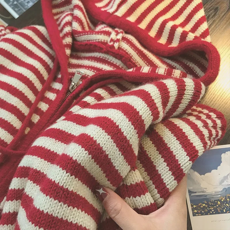 Oversized Knitted Striped Hooded Cardigan
