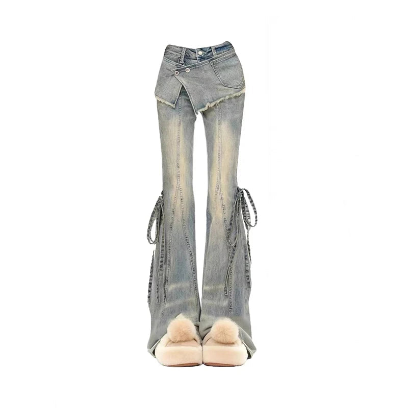 Low Waisted Flare Denim Pant With Skirt