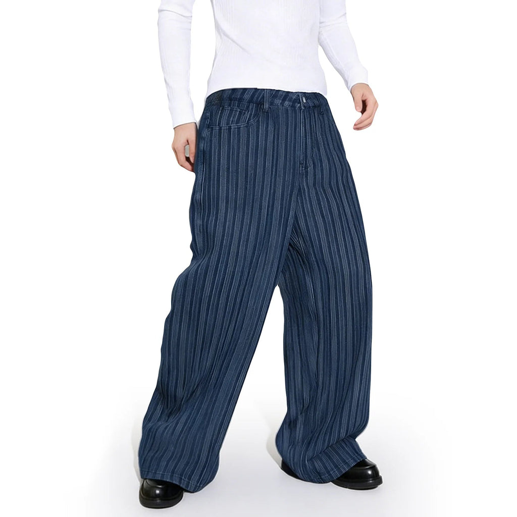 Japanese Style Wavy Stripe Jacquard Fabric Baggy Wide-leg Jeans