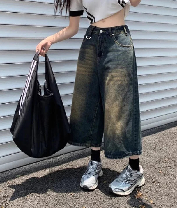 High Waist Long Baggy Denim Shorts