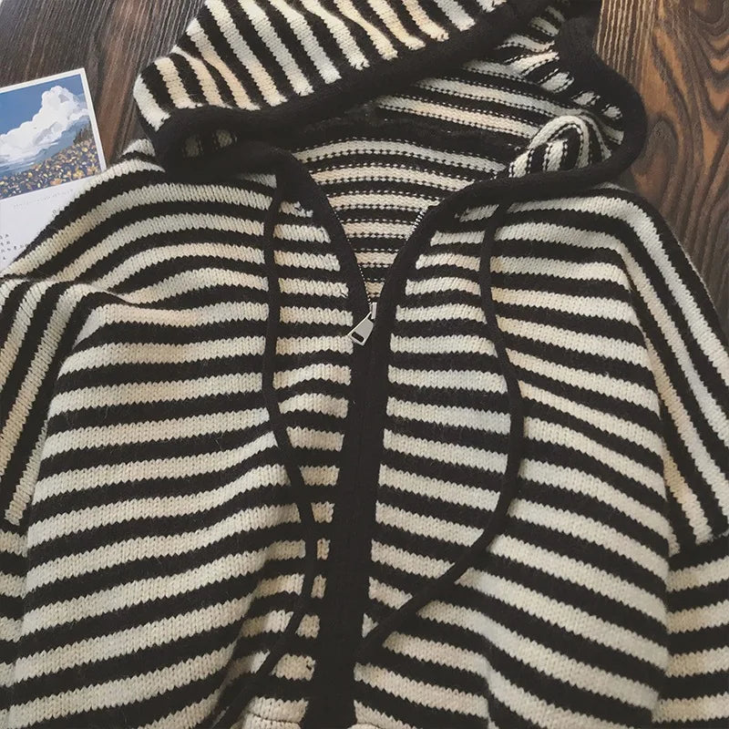 Oversized Knitted Striped Hooded Cardigan