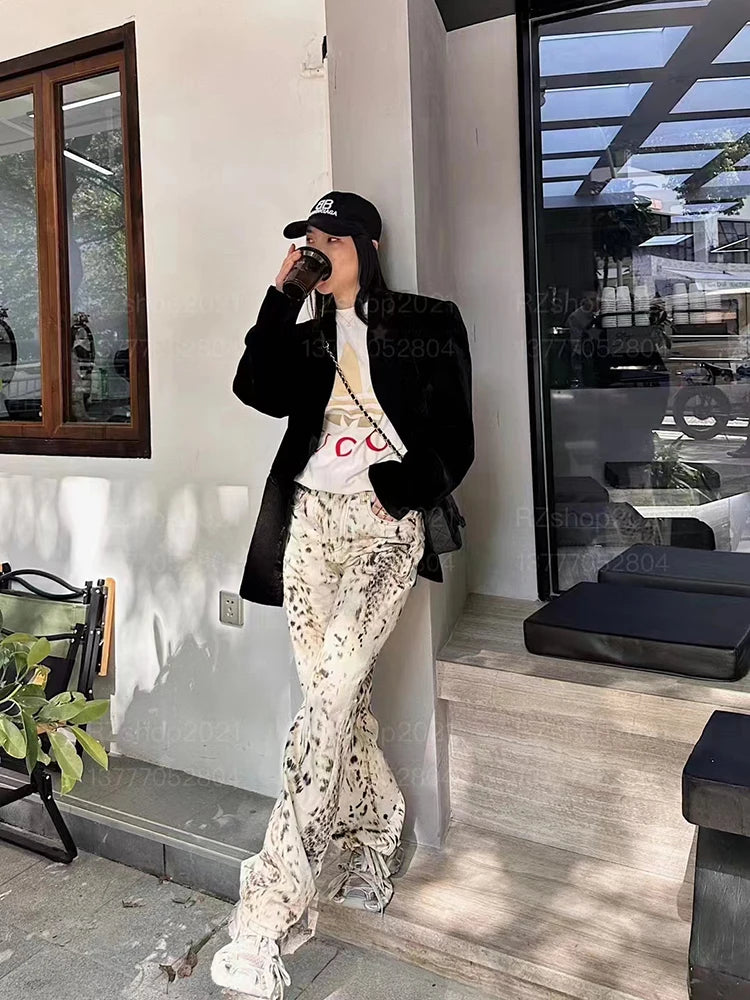 Baggy Wide Leg Leopard Jeans