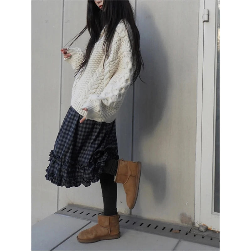 Japanese Plaid Midi Ruffle Skirt