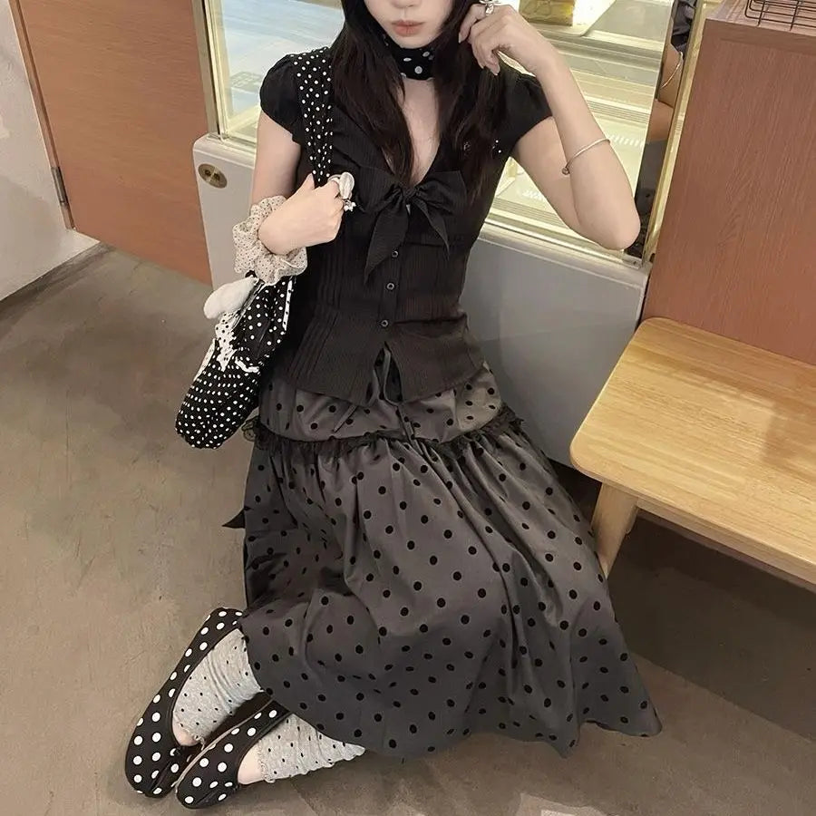 High Waist Polka Dot Patchwork Lace Skirt