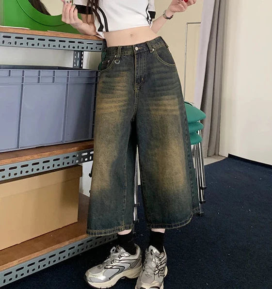 High Waist Long Baggy Denim Shorts