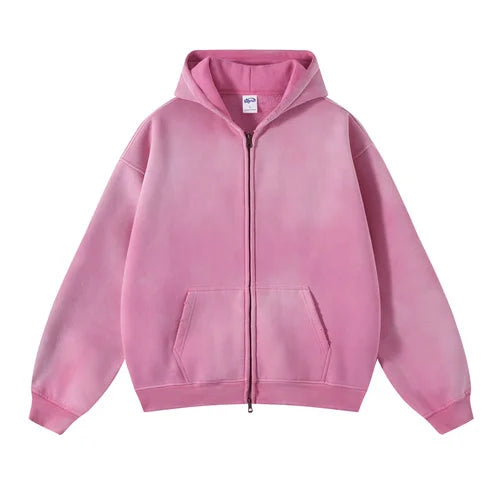 Oversize Long Sleeve Faded Washed Double Zipper Hoodies