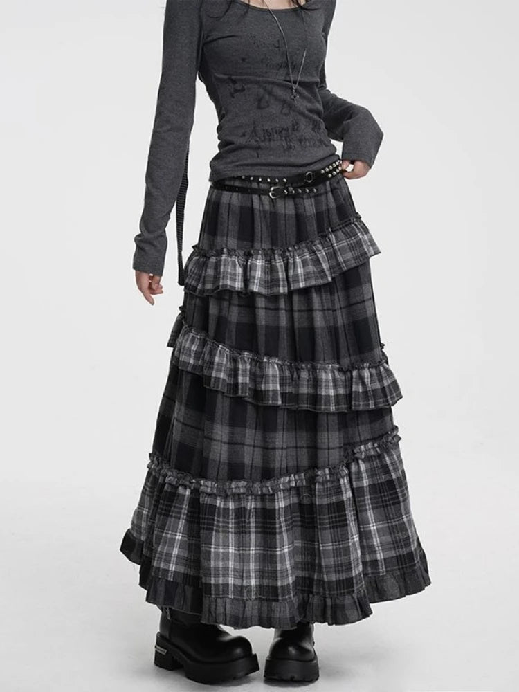 Vintage Long Plaid Ruffle Skirt