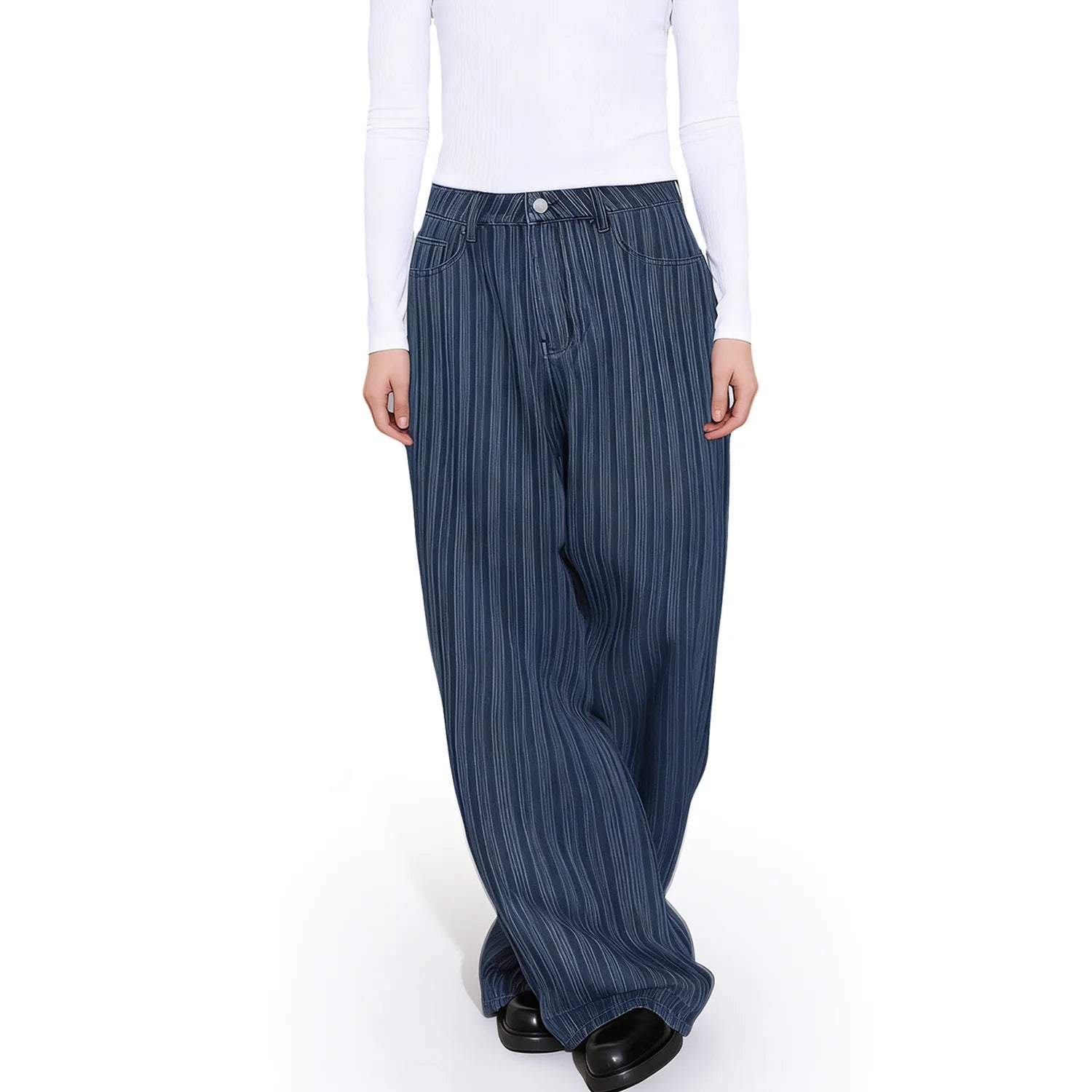 Japanese Style Wavy Stripe Jacquard Fabric Baggy Wide-leg Jeans