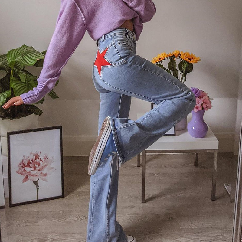 Retro Five Pointed Star Straight Leg Jeans