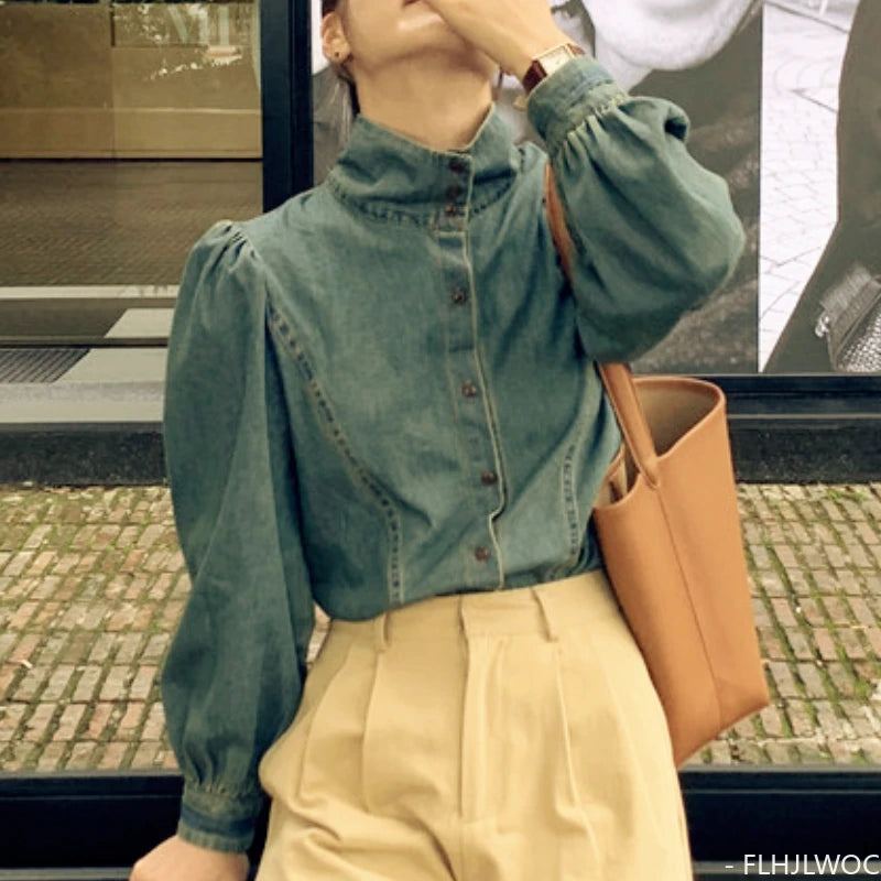 Denim Single-Breasted Button Balloon Sleeve Shirt