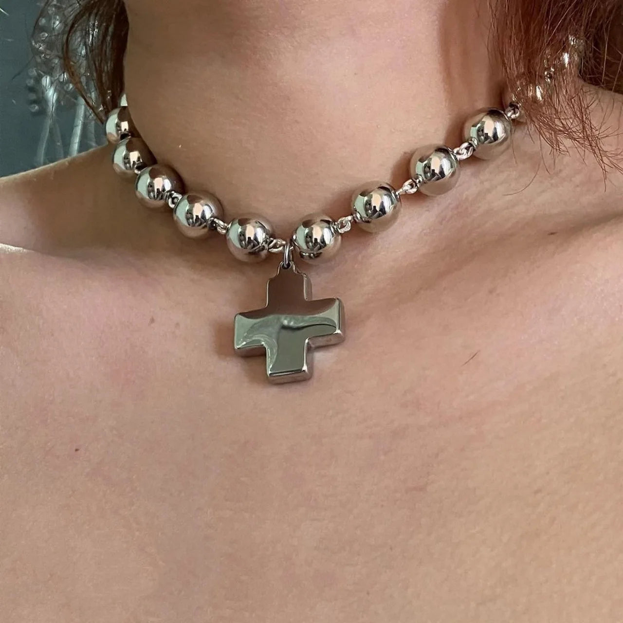 Chrome Cross Round Beaded Chains Necklace
