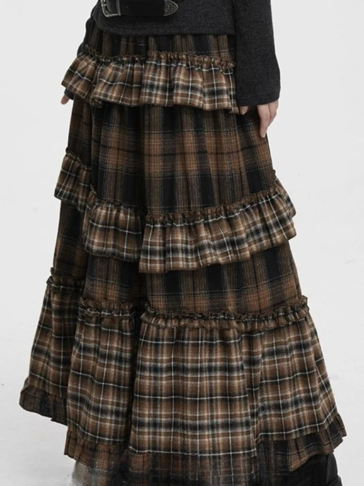 Vintage Long Plaid Ruffle Skirt
