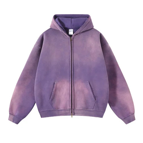 Oversize Long Sleeve Faded Washed Double Zipper Hoodies