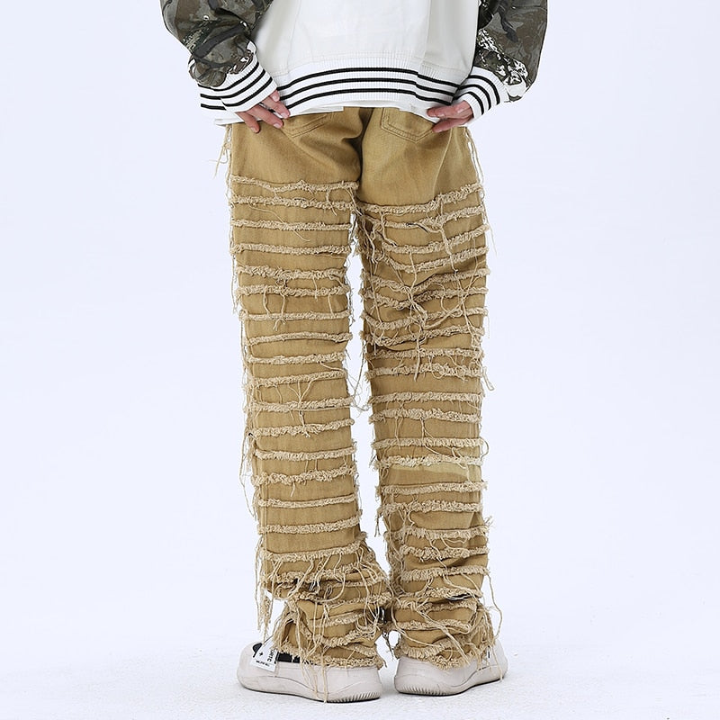 Solid Frayed Straight Denim
