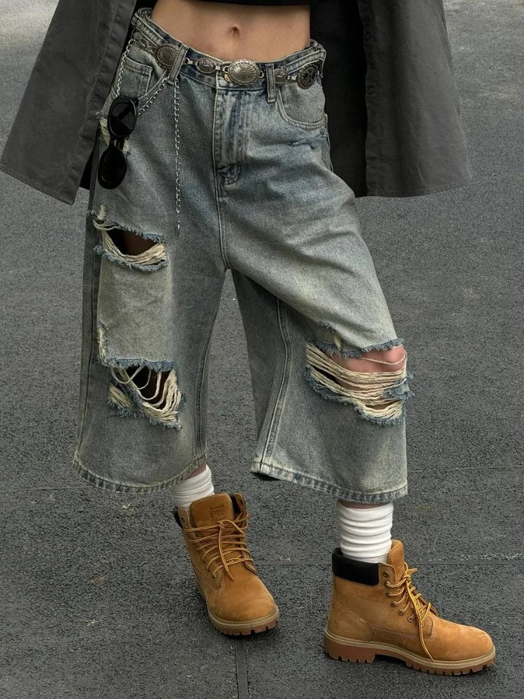 Vintage Blue Ripped Oversized Distressed Jorts