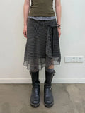 Japanese Asymmetrical Plaid Mesh Mid Skirt