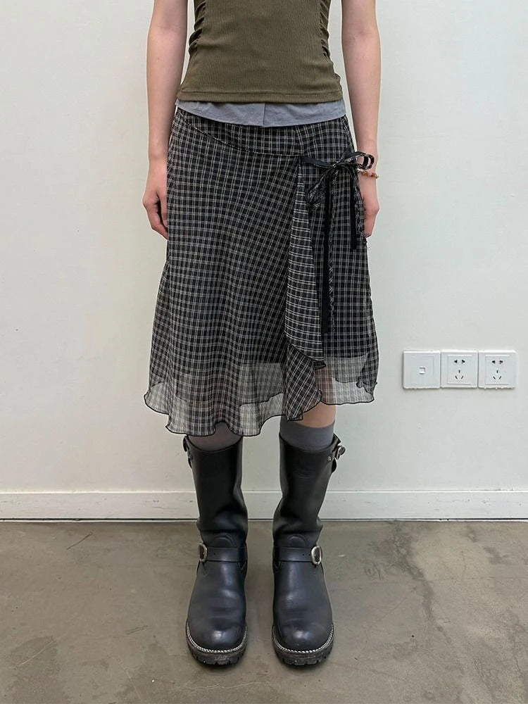Japanese Asymmetrical Plaid Mesh Mid Skirt