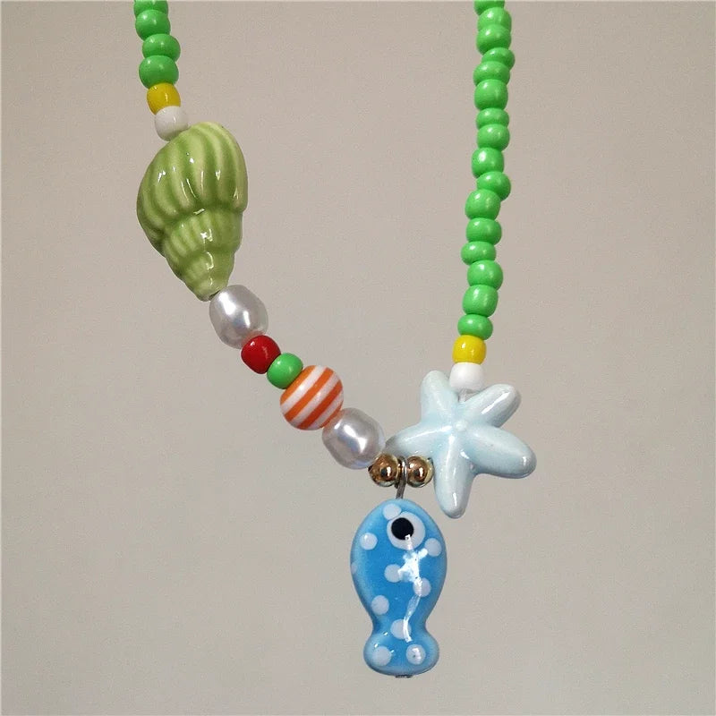 Ceramic Fish Starfish Shell Combo Necklace