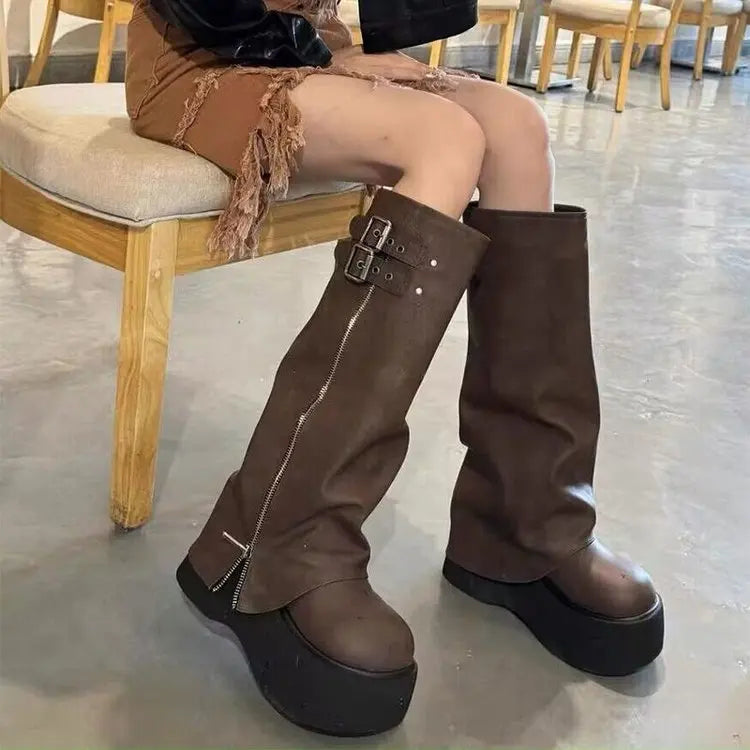 Wide-Leg Baggy Long Boots with Thick Sole