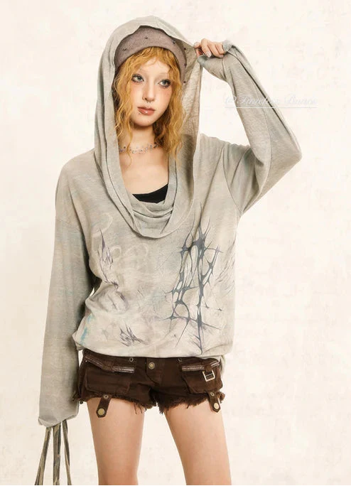 Hooded Irregular Swing Collar Pullover