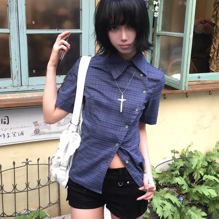 Vintage Plaid Asymmetrical Shirt