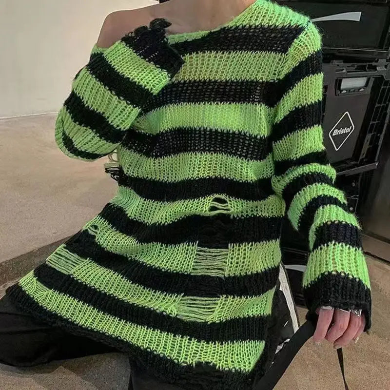 Unisex Distressed Striped Sweater