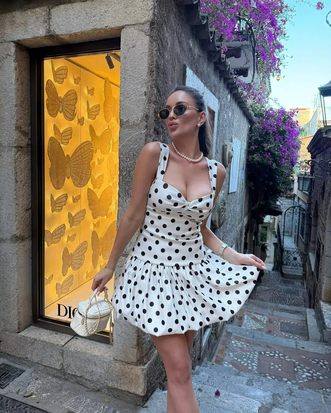 Low Cut Slim Polka Dot Dress