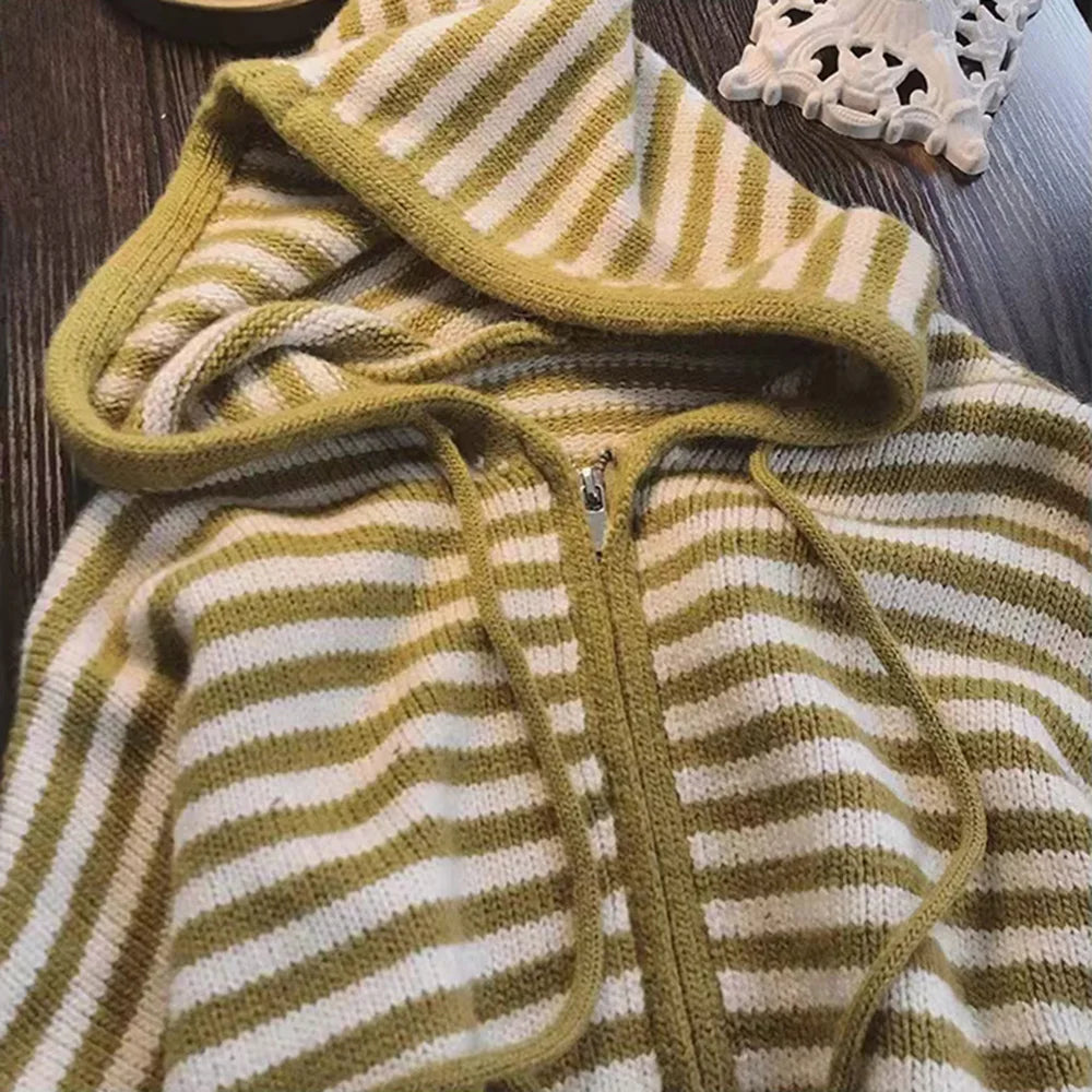 Oversized Knitted Striped Hooded Cardigan