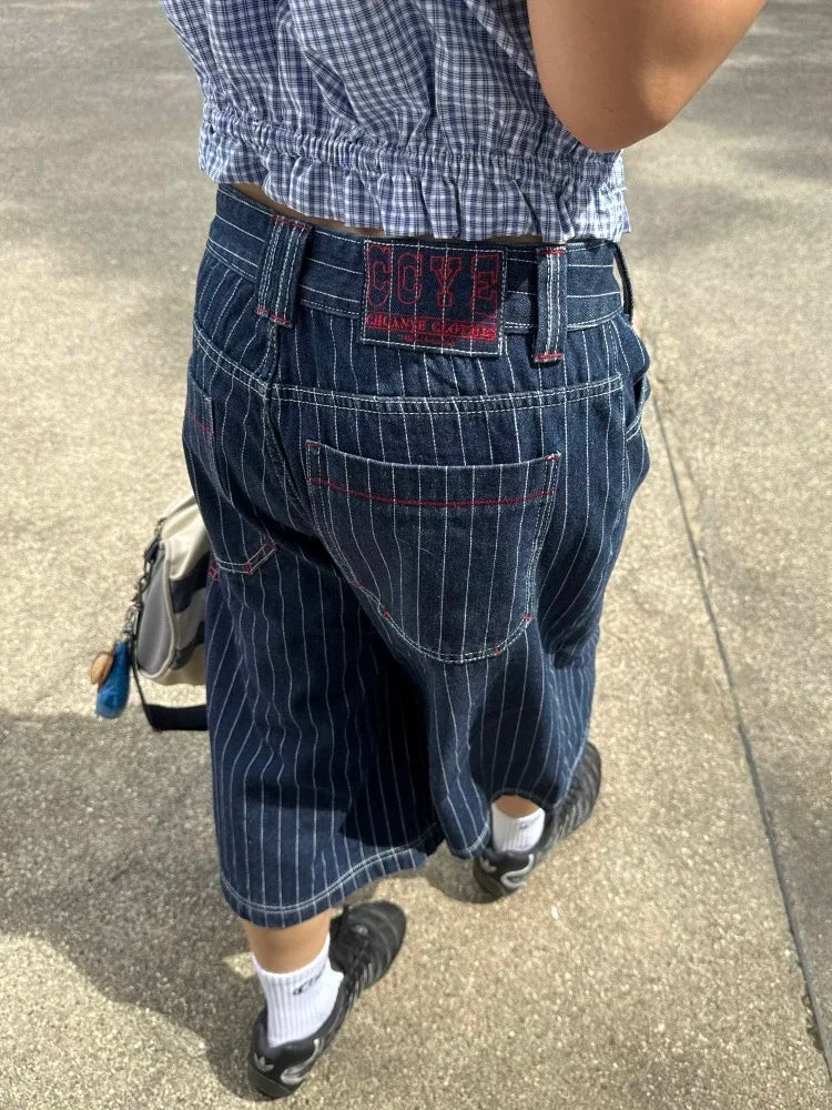 JPY Pin Striped Calf Length Denim Shorts